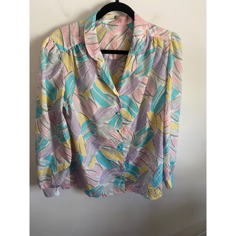 Vintage Pastel Abstract Leaf Metallic Shimmer Blouse Long Sleeve Button Up 80s‎
